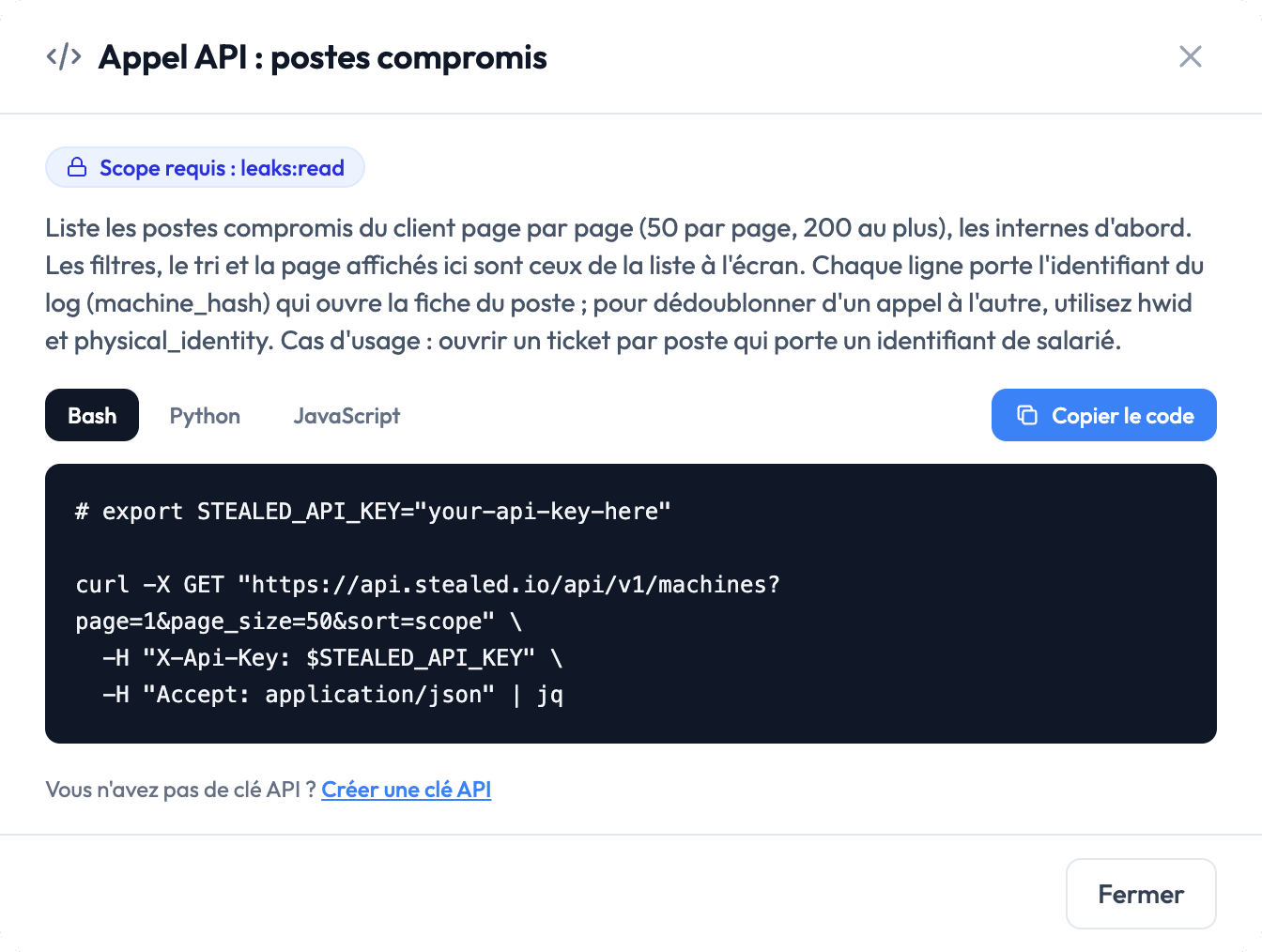 Fenêtre Appel API de la liste des postes compromis, avec l'exemple en Bash
