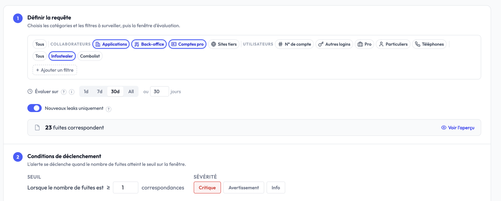 Une alerte sur les accès internes volés par infostealer : catégories Applications, Back-office et Comptes pro, fenêtre de 30 jours, sévérité critique