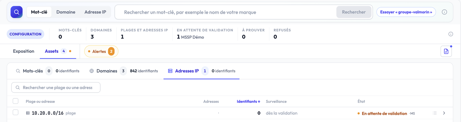 L'onglet Assets : la configuration en tête et une plage d'IP en attente de validation